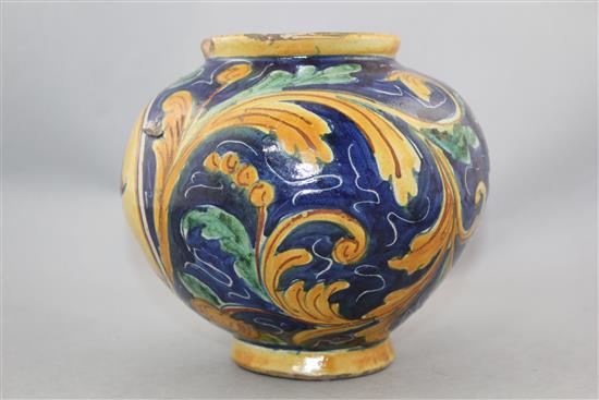 An Italian maiolica globular jar, Caltagirone, 18th / 19th century, 18.5cm., damages